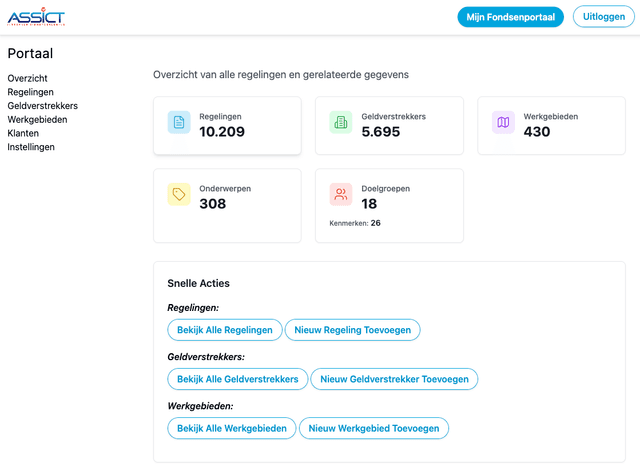 Regelingen page showing the different grants and subsidies available.