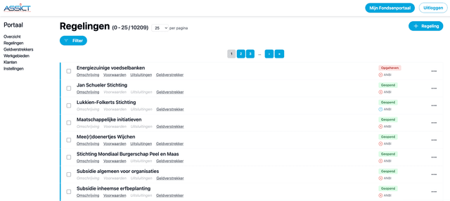 Regelingen page showing the different grants and subsidies available.