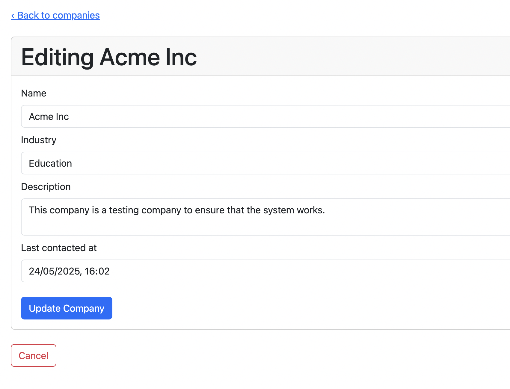 The company edit page