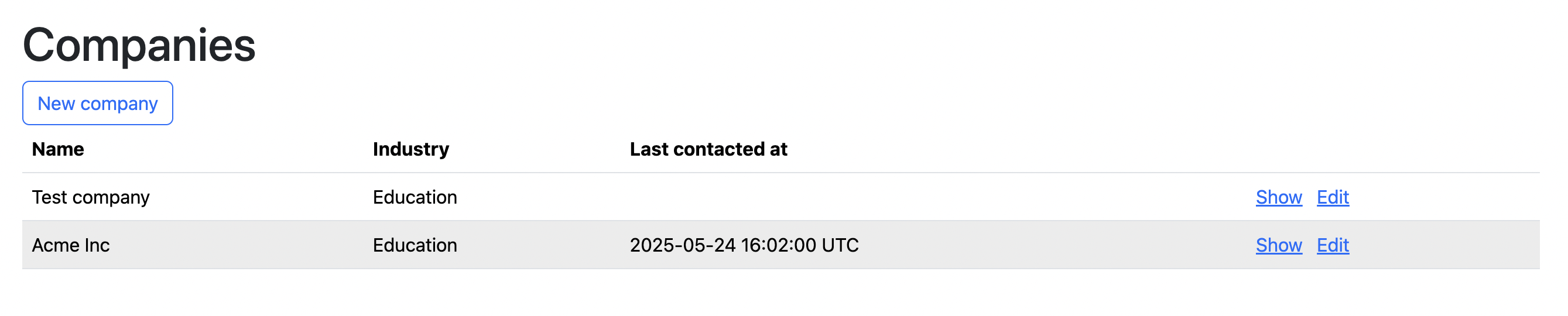 The company index page