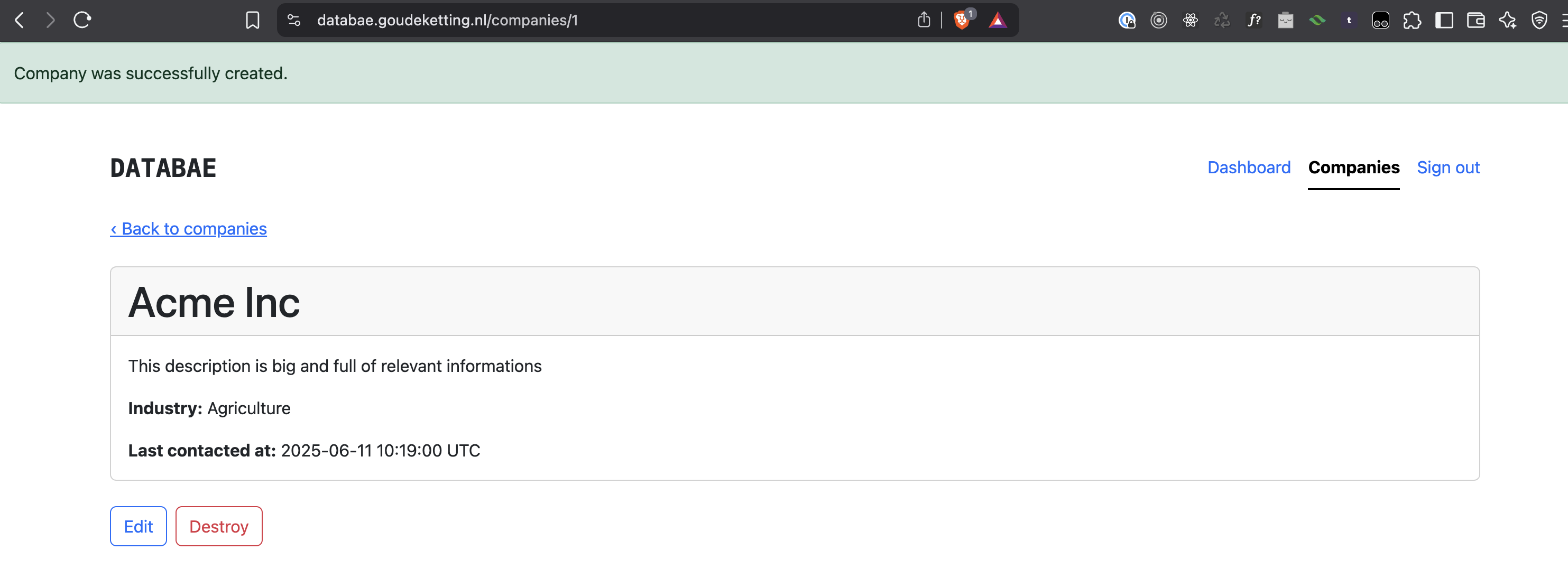 Company creation form with industry categorization