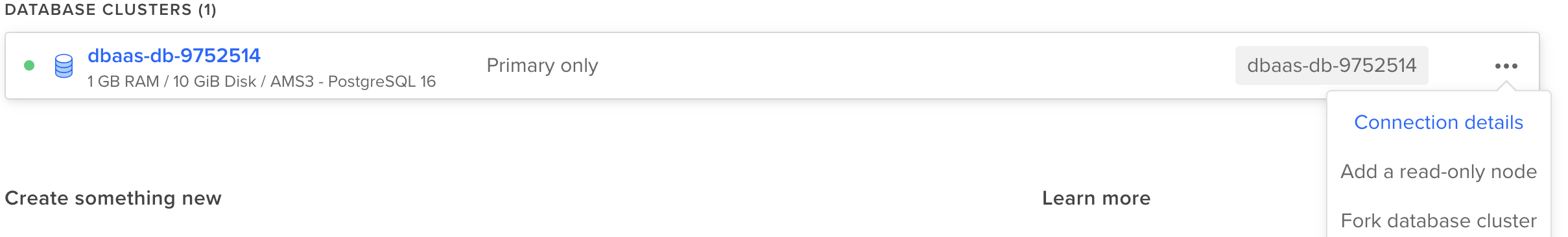 DigitalOcean database cluster dropdown menu