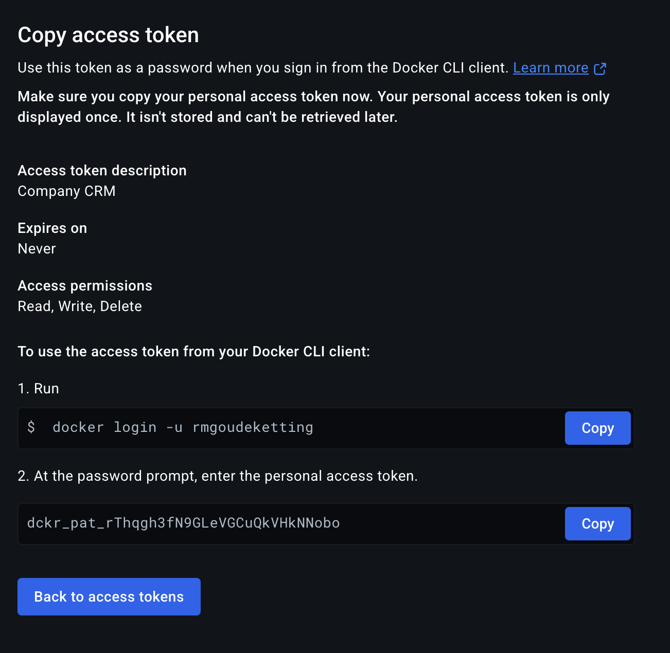 Generated DockerHub access token display