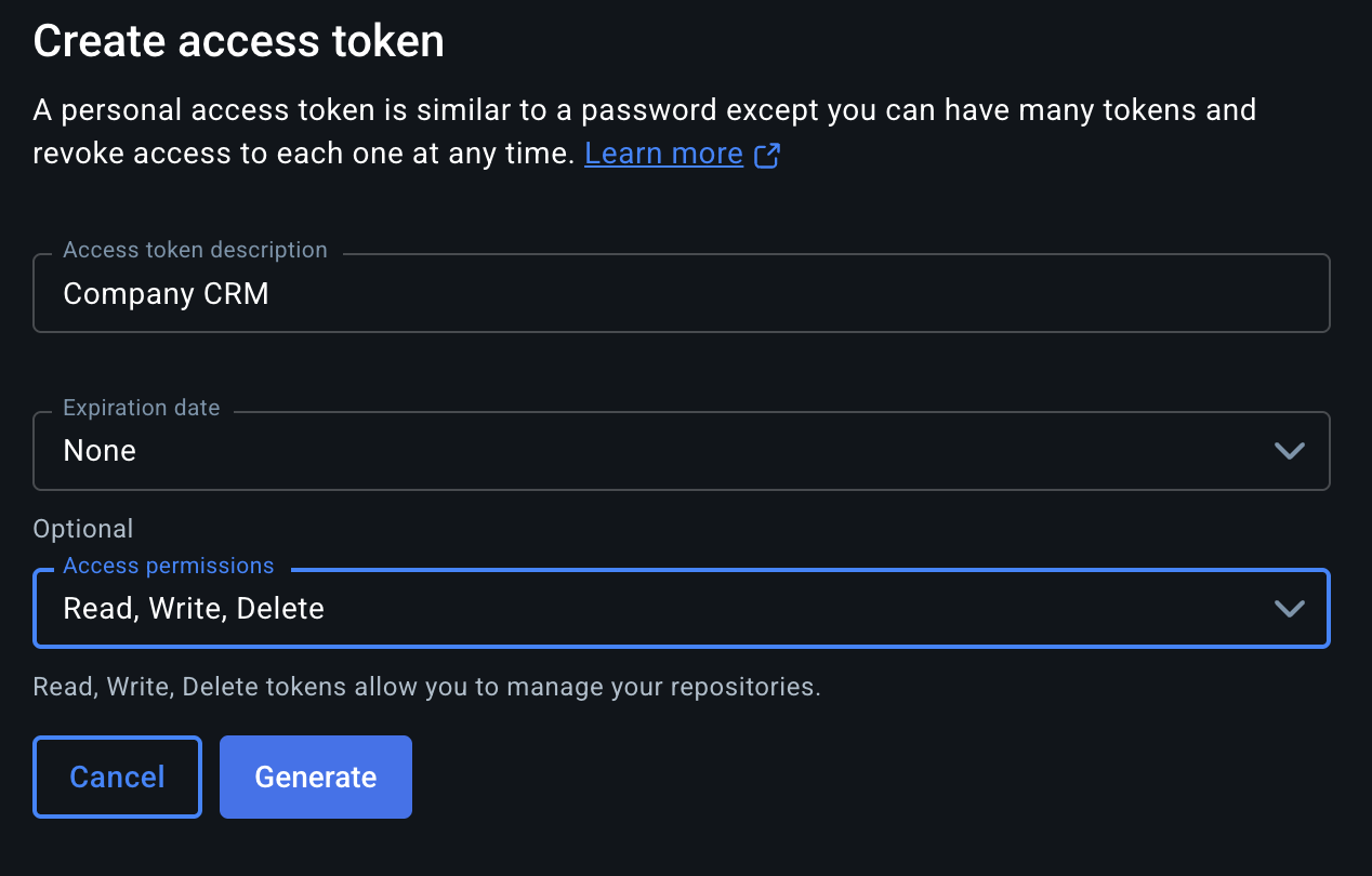 DockerHub token generation interface showing access permissions